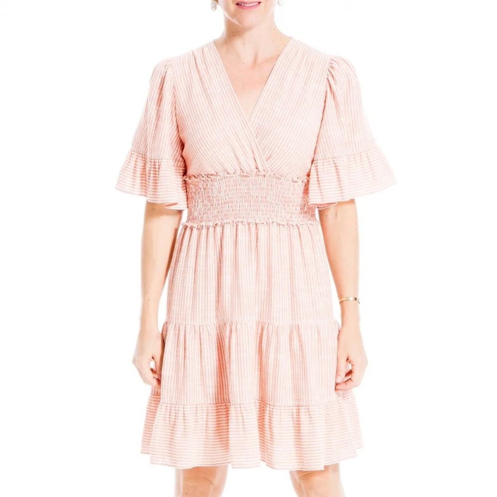 Max Studio Smocked Waist Stripe Tiered Mini Dress Peach Women's XL